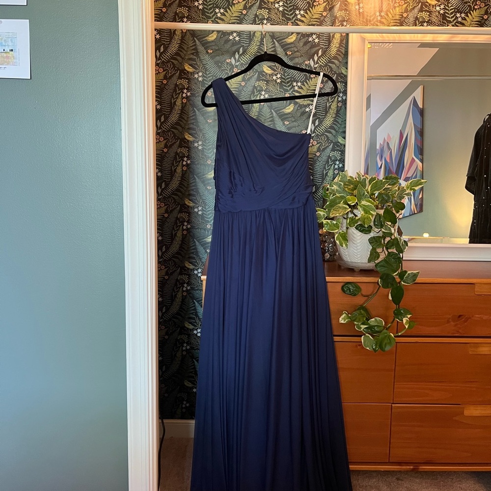 David's Bridal Blue Pleated One-Shoulder Gown